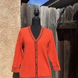 Liz Claiborne Orange Ribbed Button-Front Cardigan with Brown Trim XL